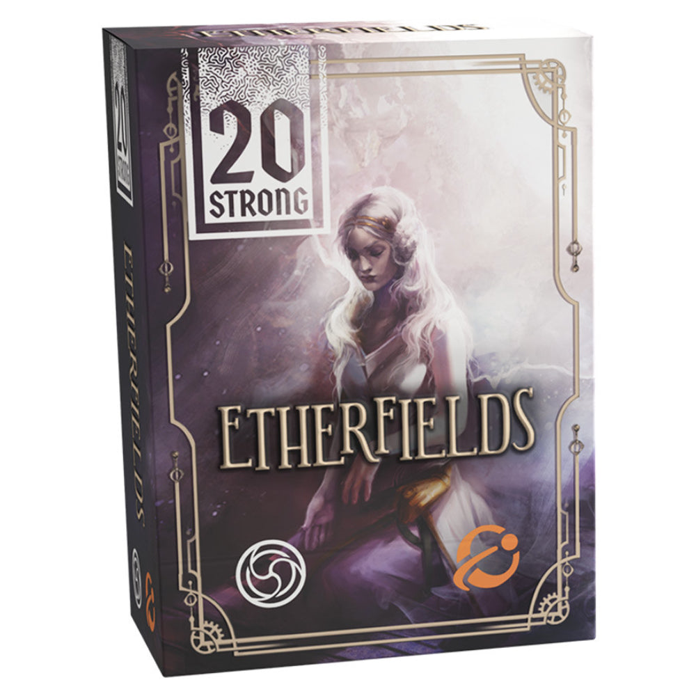 The etherfields board game box features a fantasy illustration of a woman with long white hair and a purple and gold border