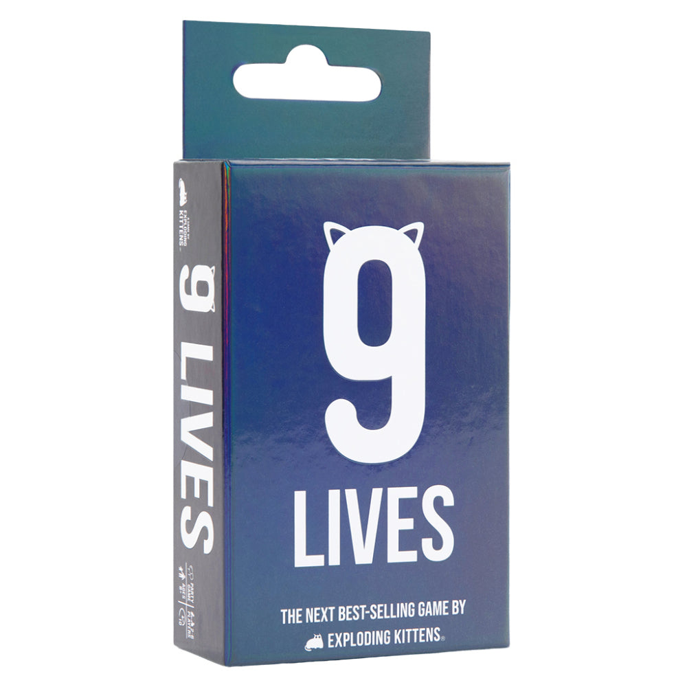 Blue rectangular box for 9 lives card game by exploding kittens featuring white stylized cat face in number 9 and bold text