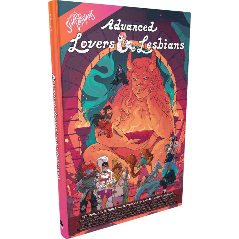 The advanced lovers and lesbians hardcover book features a vibrant orange demonic figure and colorful fantasy characters