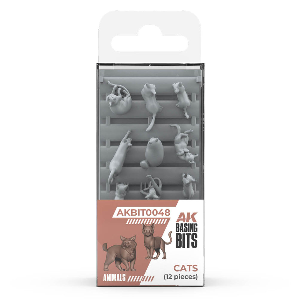 Gray plastic cat figurines in a clear package labeled AK Interactive Basing Bits Cats for miniature basing