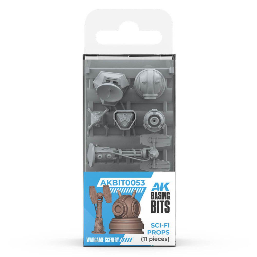 Ak interactive basing bits sci-fi props 11 gray plastic mechanical wargaming components in clear package