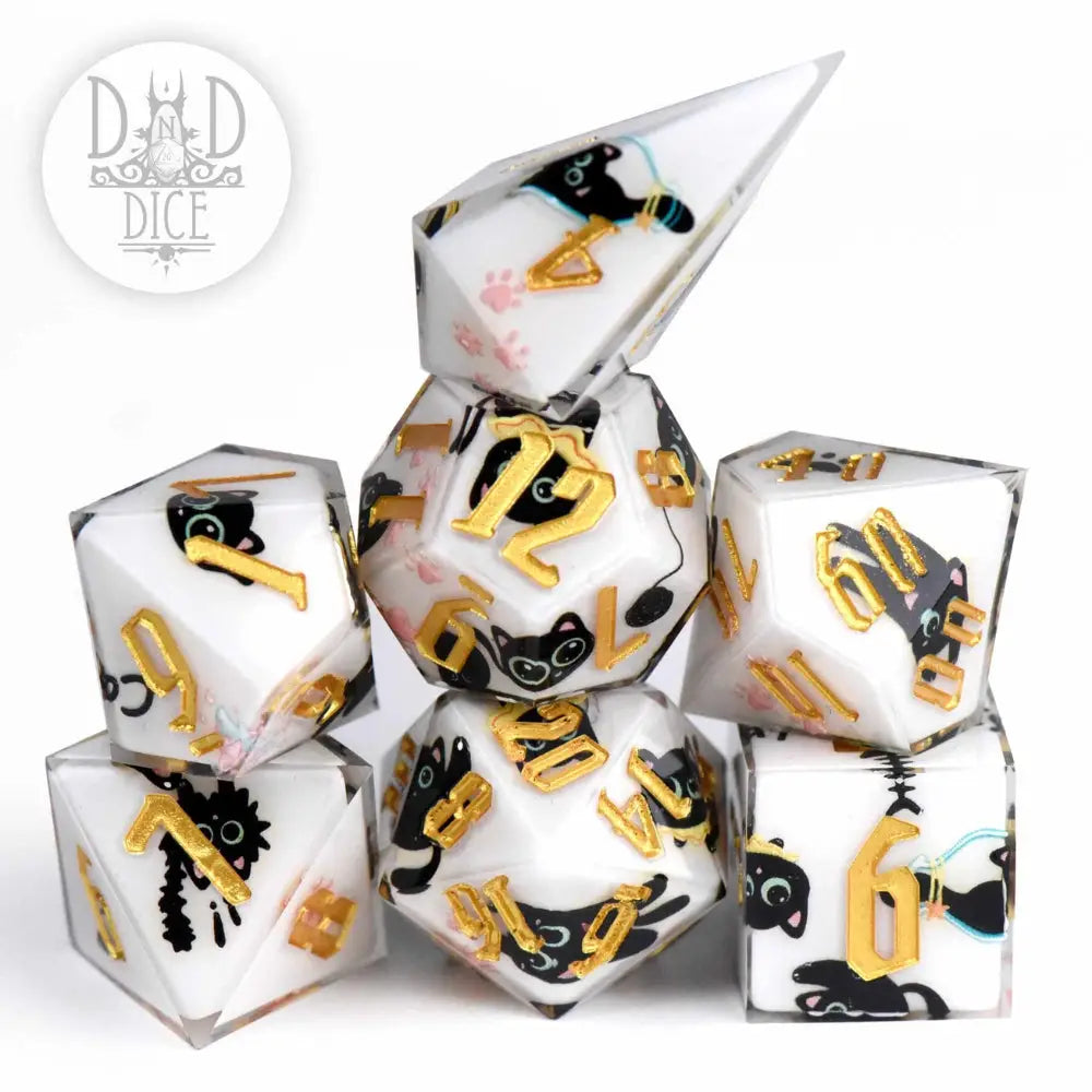 Anime Cat Sharp Edge Resin Polyhedral (D&D) Dice Set (7) - Dice & Dice Supplies