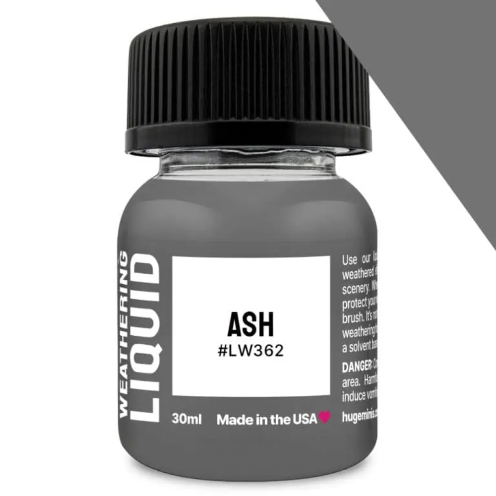 A 30ml clear glass bottle of ash weathering liquid with gray contents and a black ribbed cap