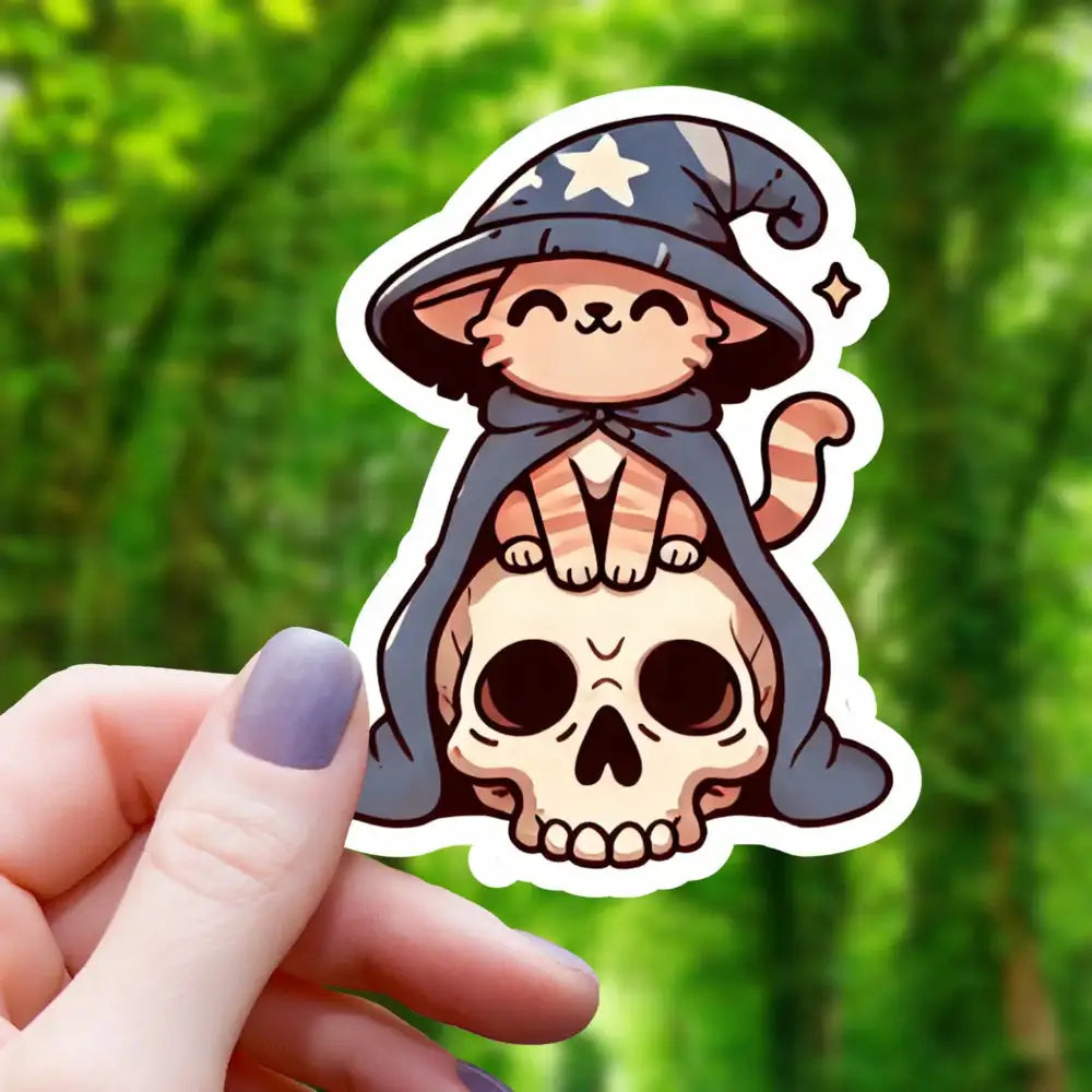 Baby Cat Wizard On Skull Sticker - Toys & Gifts