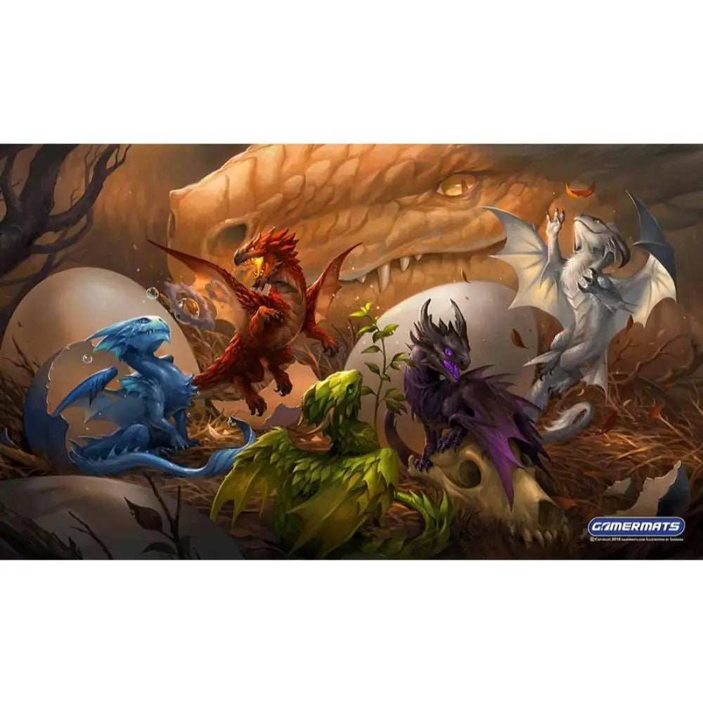 A vibrant fantasy-themed baby dragons playmat by Sandara featuring colorful dragon hatchlings and a large adult dragon