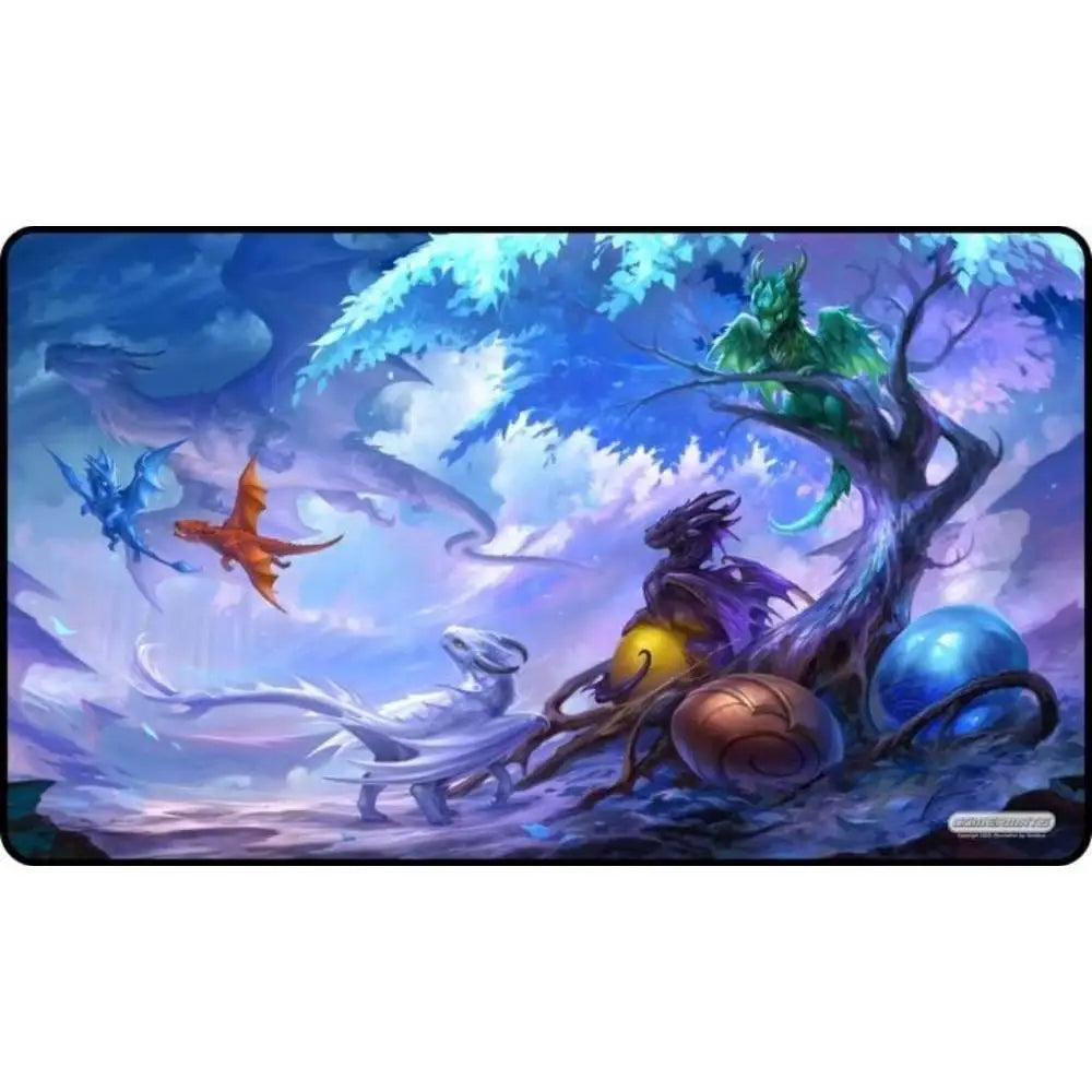 A rectangular baby dragons circle of life playmat featuring a vibrant fantasy scene with dragons and tree-like structures in rich colors