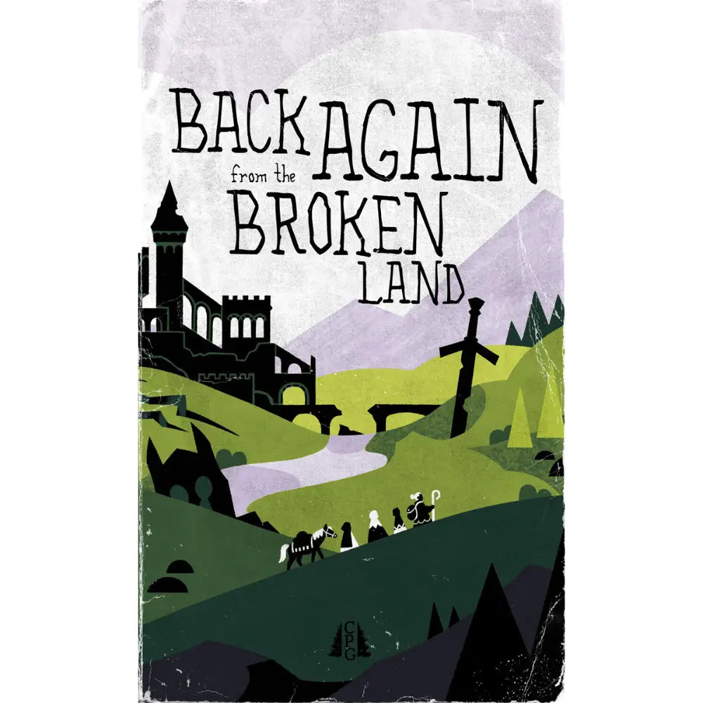 The book cover for Back Again from the Broken Land RPG features black castle silhouettes on green hills and purple mountains