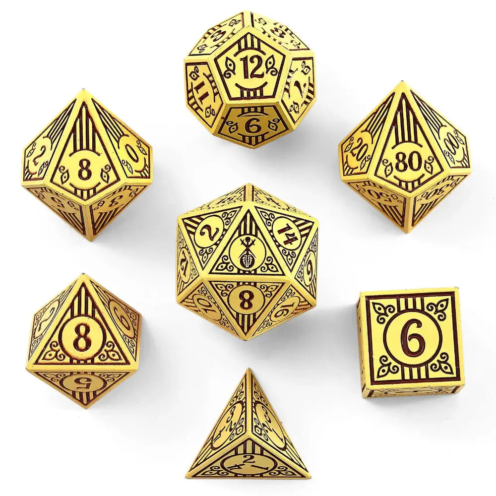 Bard Cream w/Brown Metal Polyhedral (D&D) Dice Set (7) - Dice & Dice Supplies