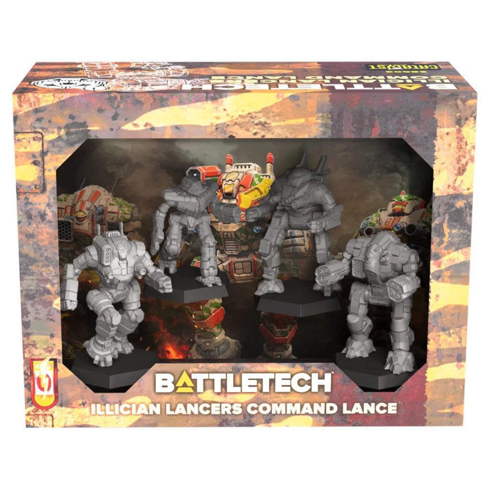 Battletech miniature force pack illician lancers command lance set with detailed grey and red armored mechanical figures in rugged box