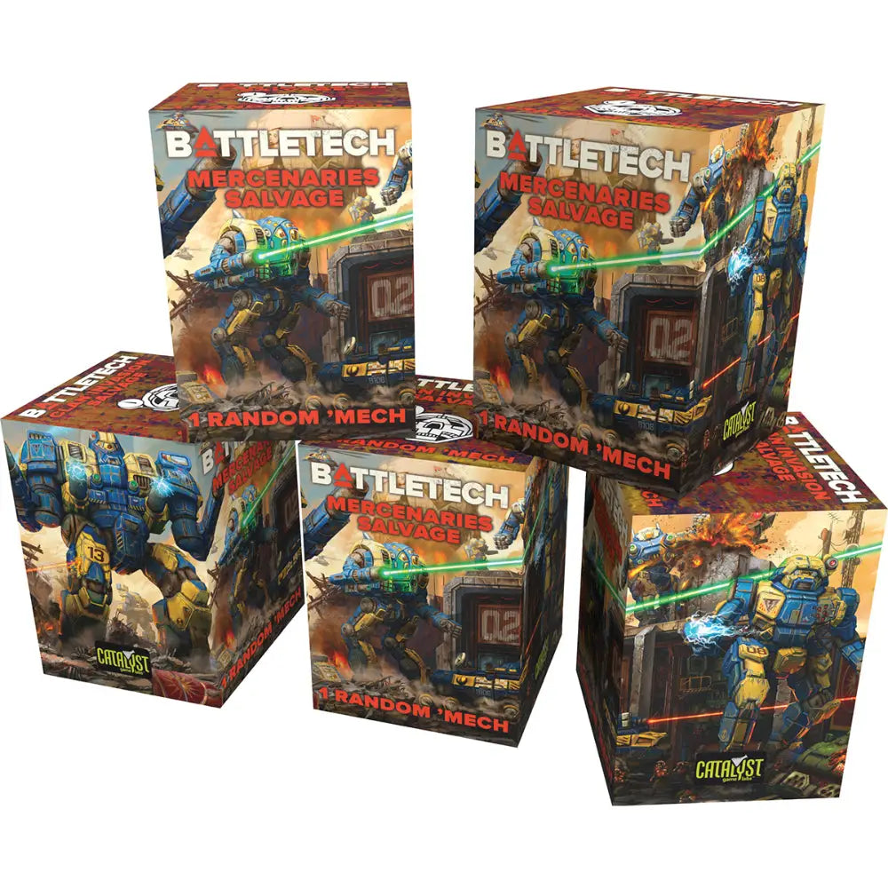 Battletech salvage box mercenaries featuring blue and yellow mechs with green laser weapons on fiery battlefield background