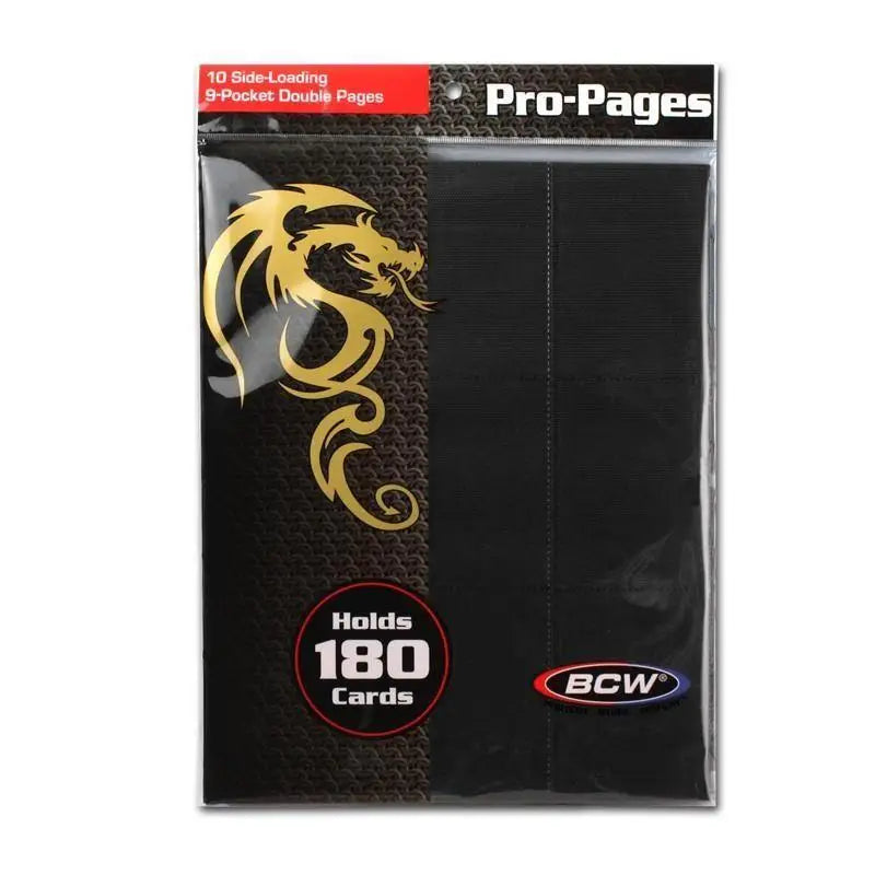 Black BCW side loading 18-pocket pro pages card protector with gold dragon design holds 180 cards