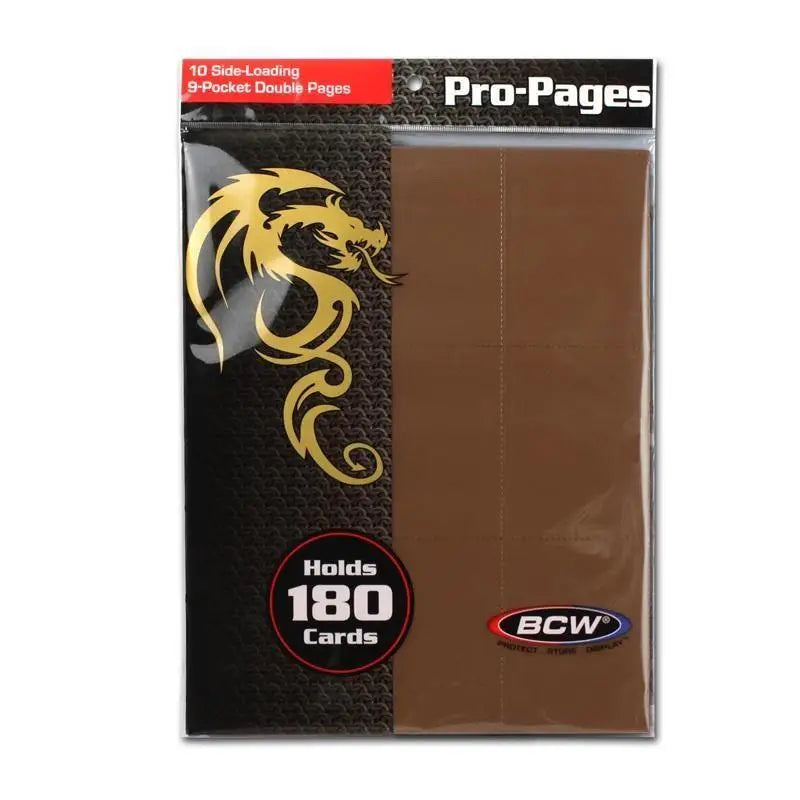 Brown translucent plastic bcw pro-pages side loading 18-pocket card protector with gold dragon design on black textured side