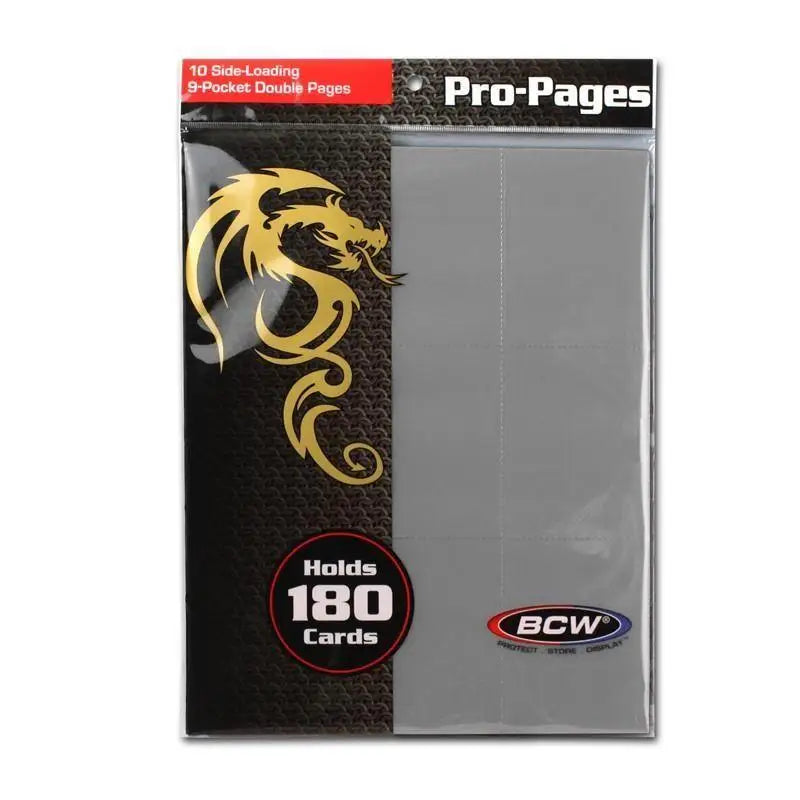 Bcw side loading 18-pocket pro pages card protector sleeves with black and gold dragon design and clear plastic front hold 180 cards