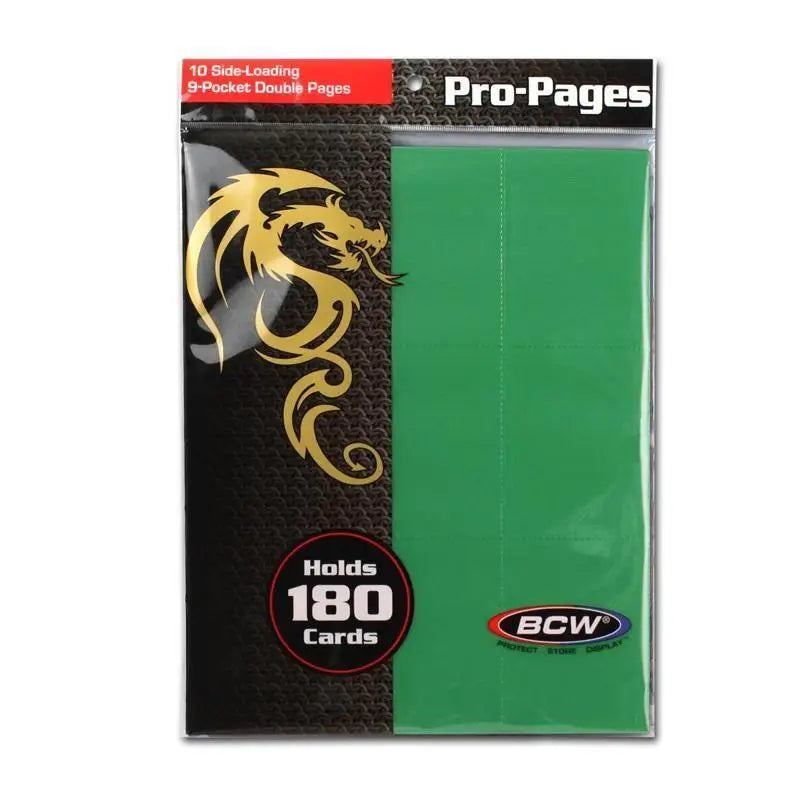 Bcw side loading 18-pocket pro pages card protector green with gold dragon design on black side branded by bcw