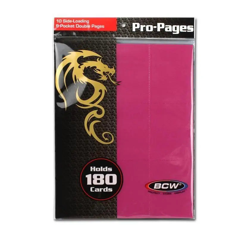 Bcw side loading 18-pocket pro pages card protector with pink pages and gold dragon design on black packaging