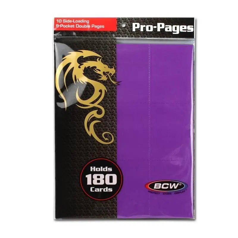Bcw side loading 18-pocket pro pages showing purple pro-pages card sleeves with gold dragon design on black textured side