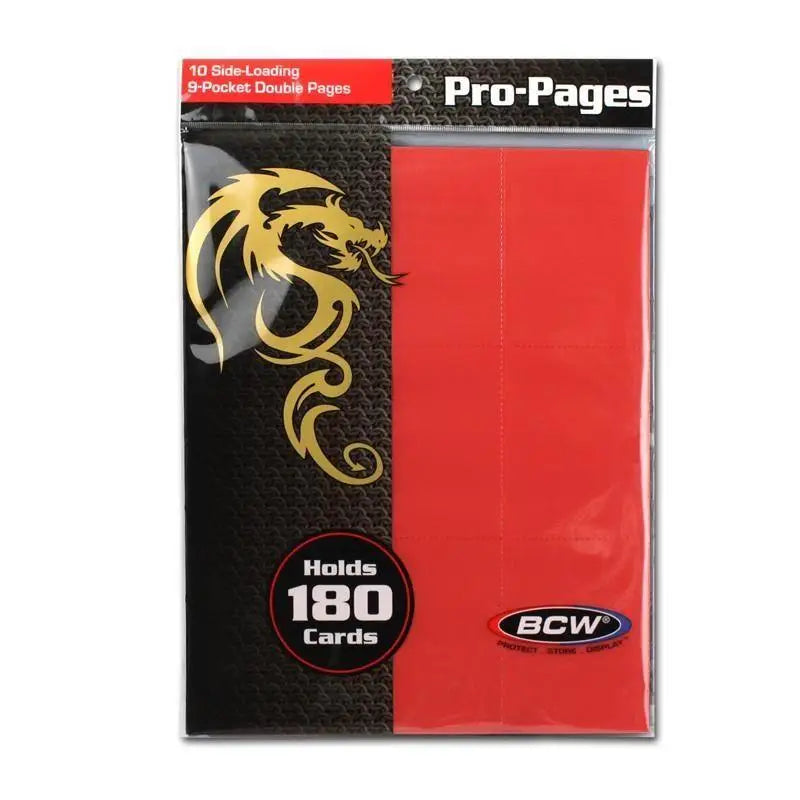 Bcw side loading 18-pocket pro pages card sleeves in red and black with gold dragon design for card protection