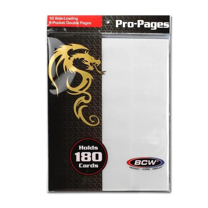 Bcw side loading 18-pocket pro pages card protector sleeves with black and gold dragon design in clear plastic package