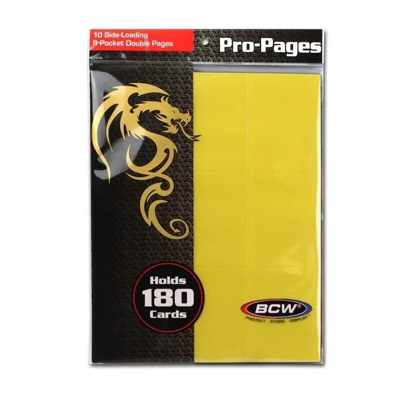Bcw side loading 18-pocket pro pages yellow plastic card protector with black side featuring gold dragon design and pro-pages logo