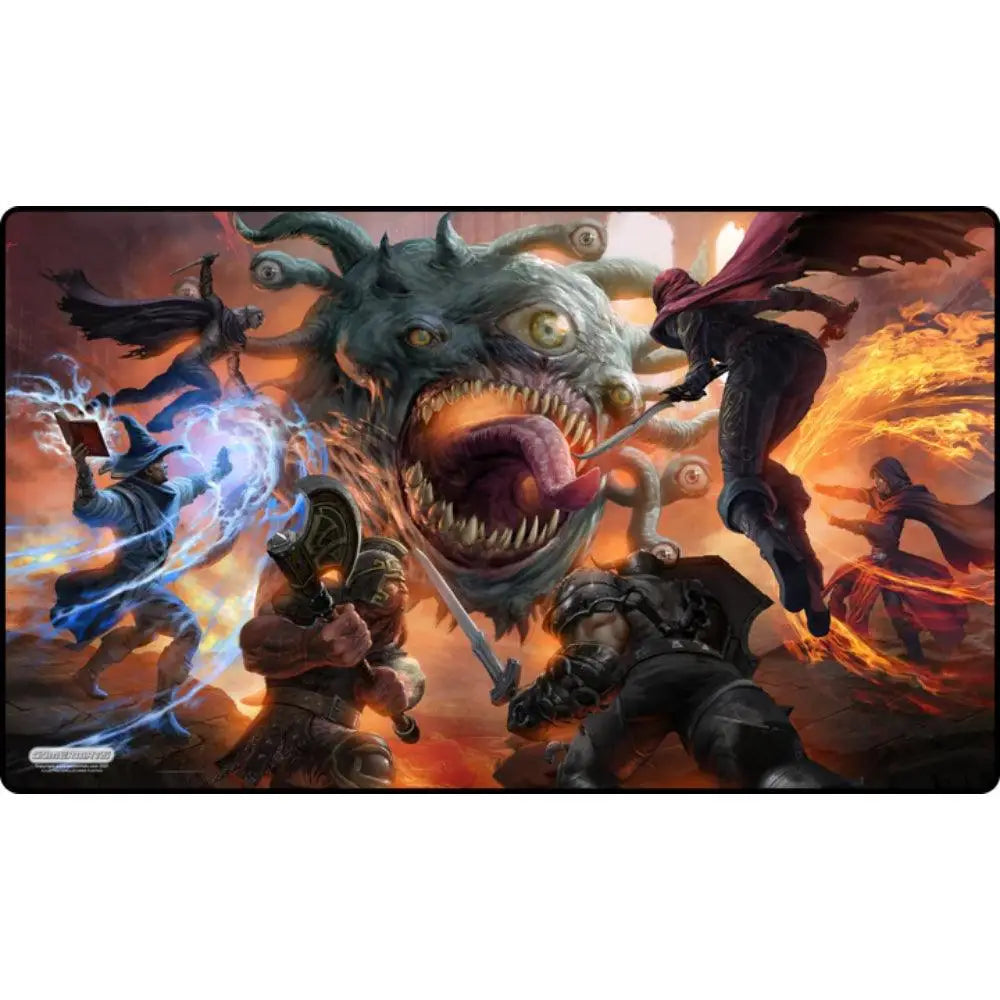 Behold playmat rectangular gaming mat with vibrant orange and blue fantasy battle scene featuring a green multi-eyed monster