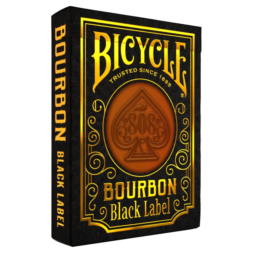 Black bicycle bourbon black label playing cards with gold lettering and a brown spade emblem on the back side
