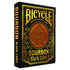 Black bicycle bourbon black label playing cards with gold lettering and a brown spade emblem on the back side
