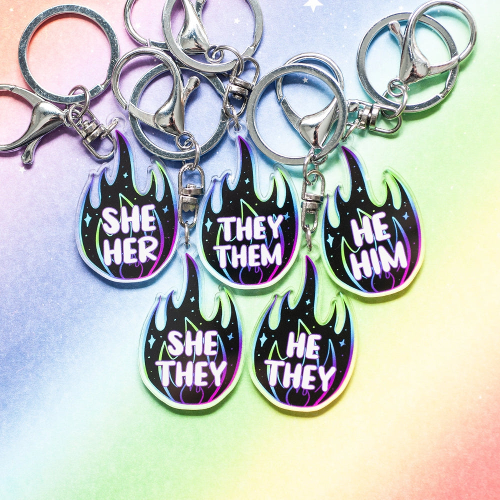 Black Flame Pronoun Keychains - Gifts