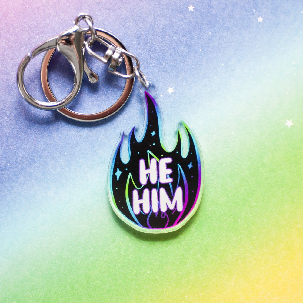 Black Flame Pronoun Keychains - He/Him - Gifts