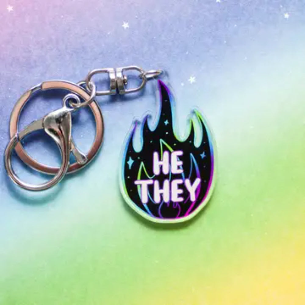 Black Flame Pronoun Keychains - He/They - Gifts