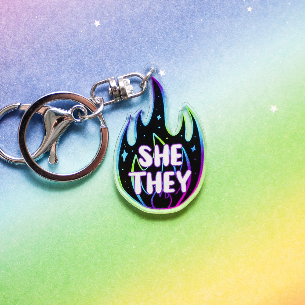 Black Flame Pronoun Keychains - She/They - Gifts