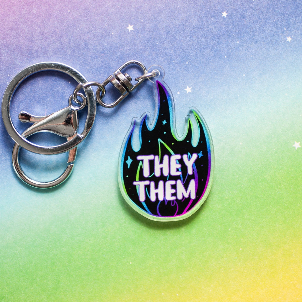 Black Flame Pronoun Keychains - They/Them - Gifts