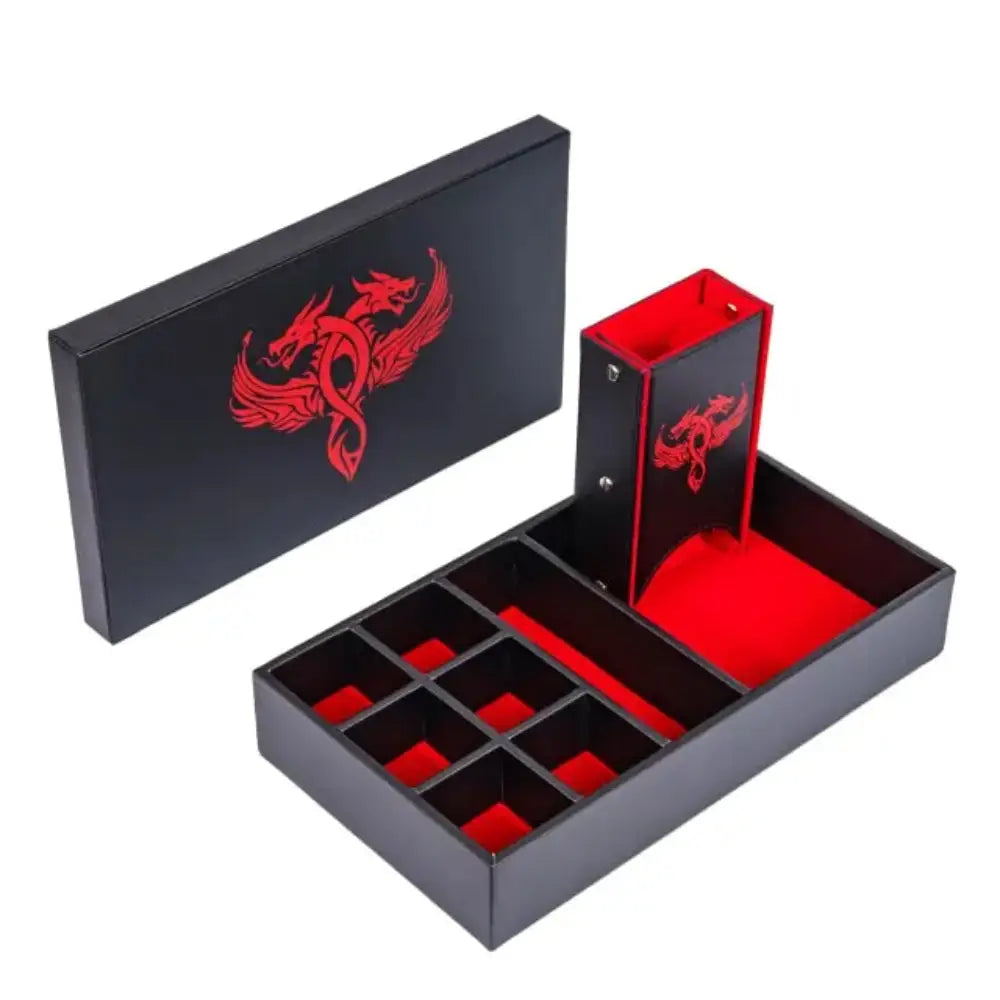 Black Leather Dice Tower and Storage Box - Red - Dice & Dice Supplies