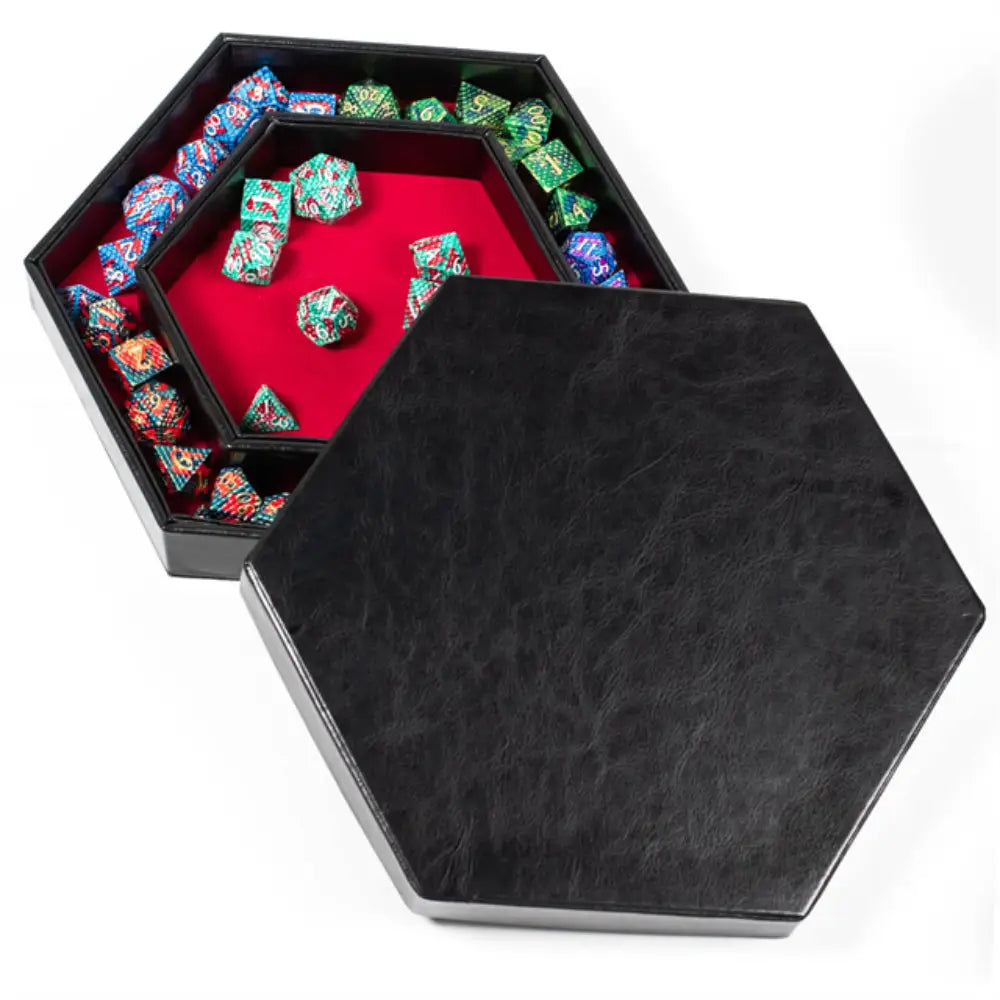 Black Leather Hexagon Dice Storage Tray Dice & Dice Supplies The Haunted Game Cafe Red  