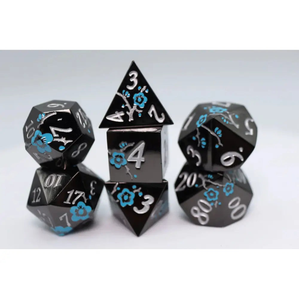 Black with Blue Orchids Metal Polyhedral (D&D) Dice Set (7) Dice & Dice Supplies Foam Brain Games   