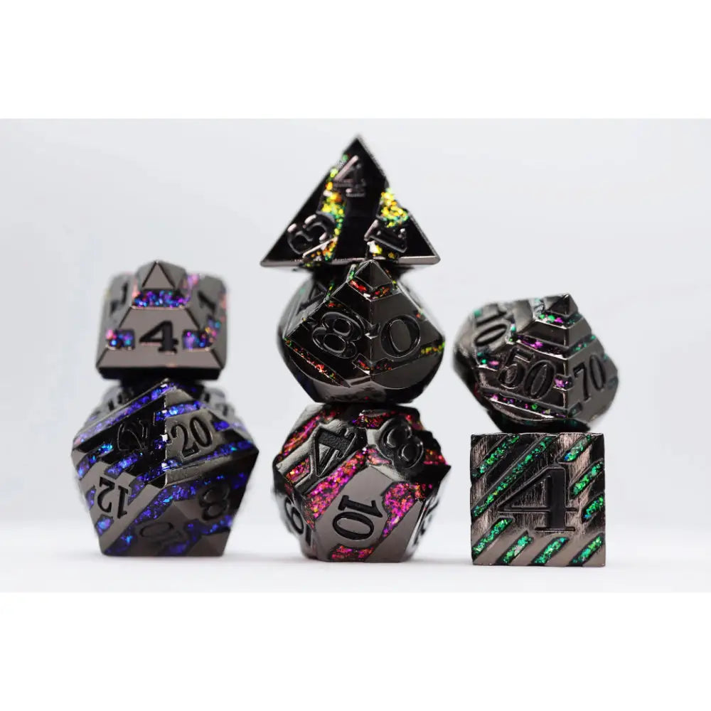 Black with Rainbow Mica Metal Polyhedral (D&D) Dice Set (7) Dice & Dice Supplies Foam Brain Games   