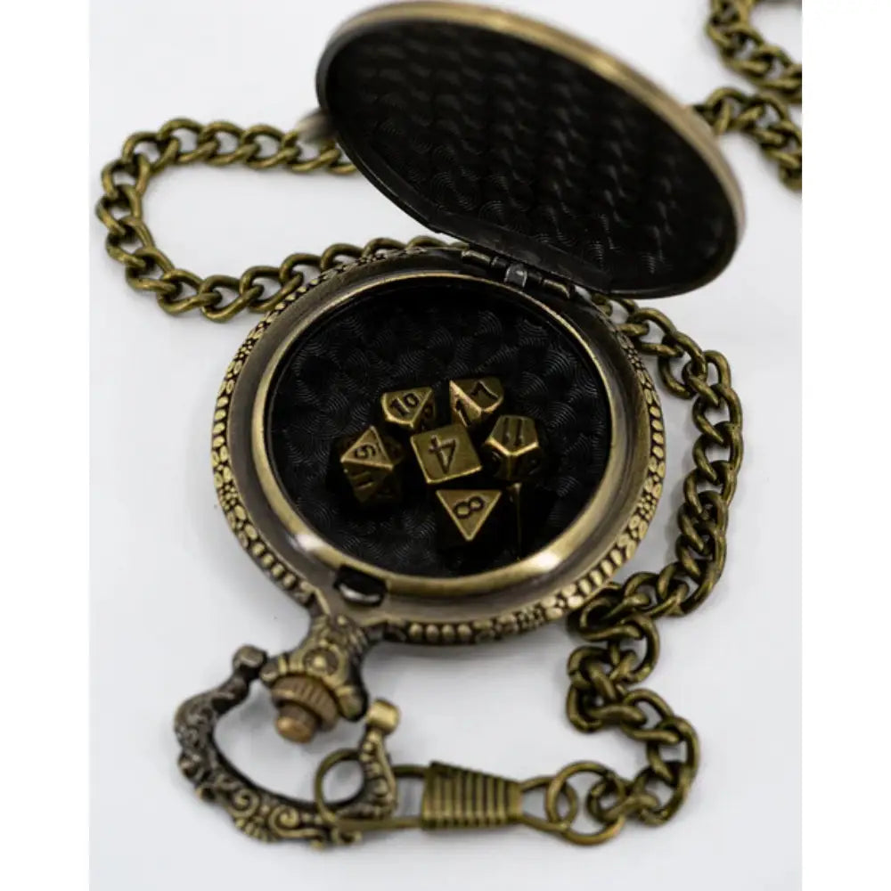 Bloodaxe Brass Pocket Watch with Micro Mini Metal Polyhedral Dice Set (7) - Dice & Dice Supplies