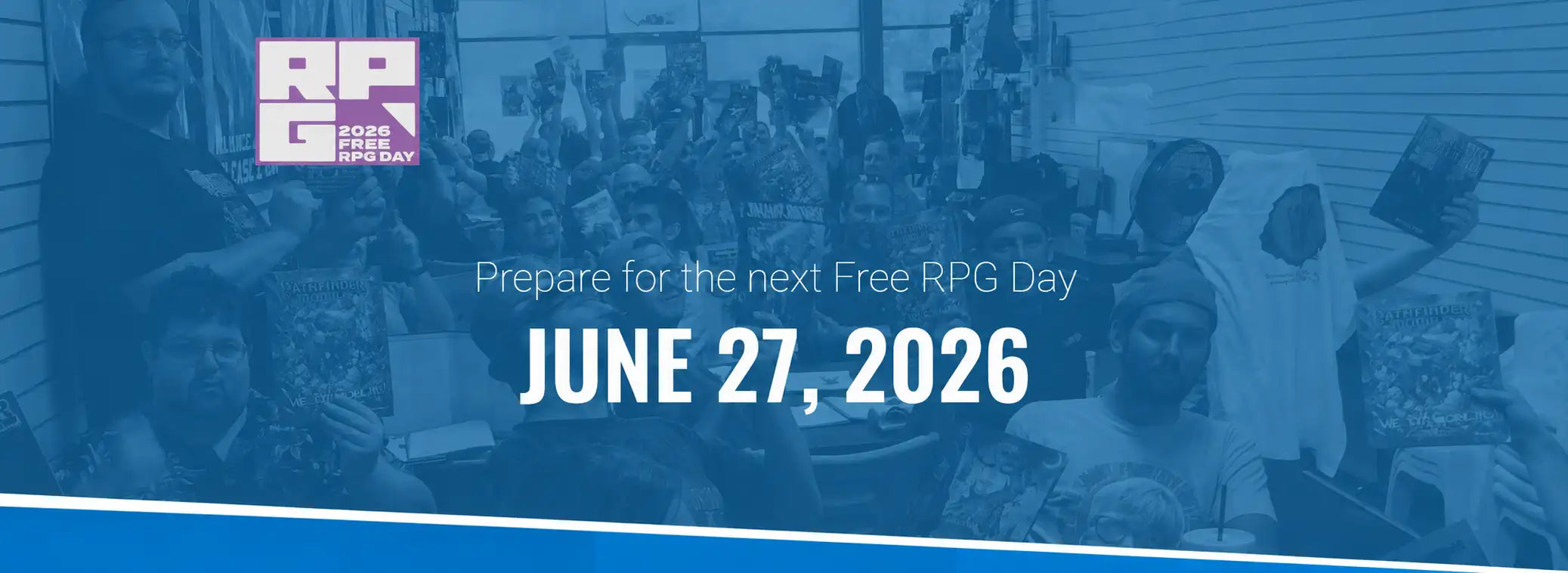 Blue-tinted promotional banner for free rpg day featuring the event date june 27, 2026.