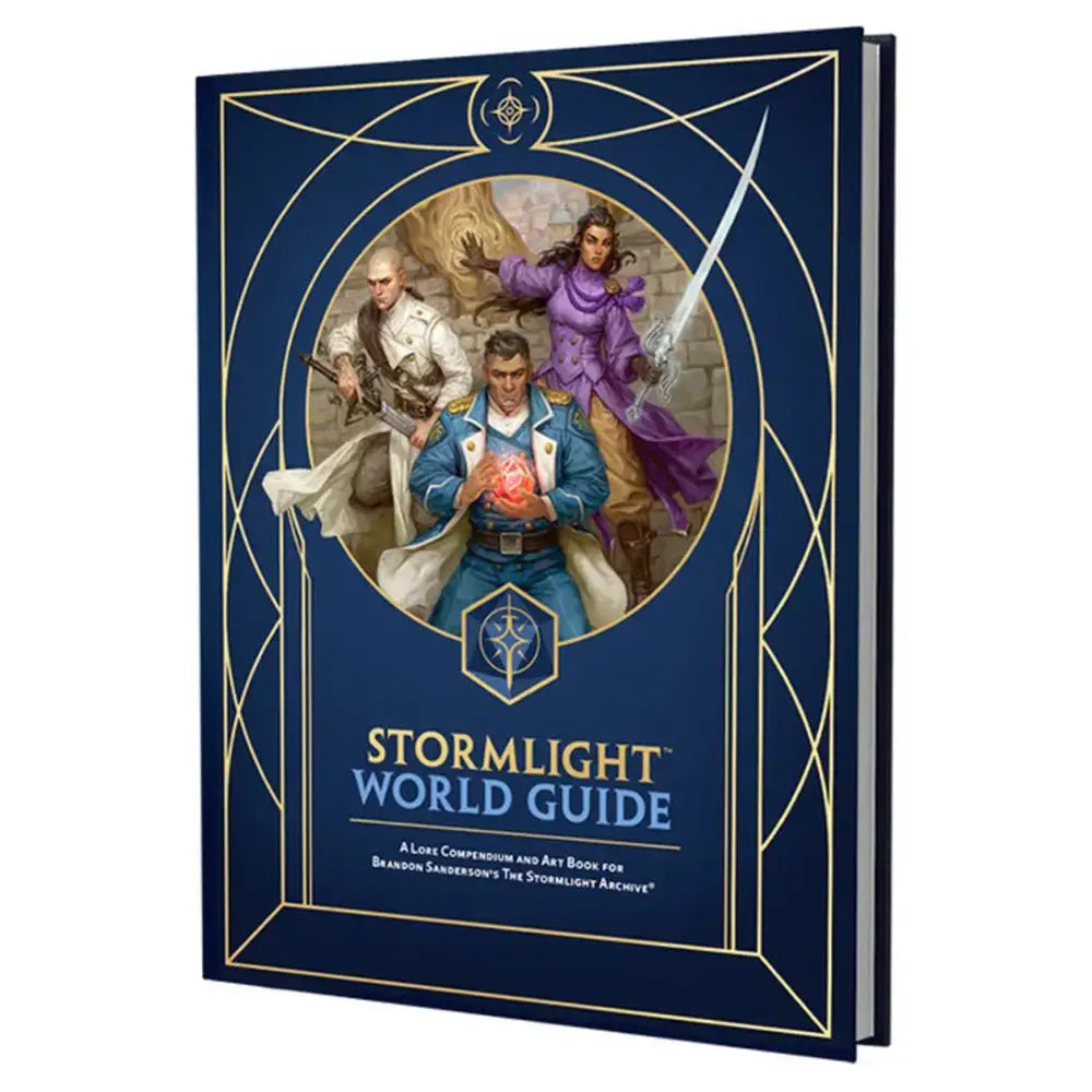 Deep blue hardcover book with gold-embossed geometric borders and three fantasy characters on the cover for brandon sanderson’s cosmere rpg roshar pack box set