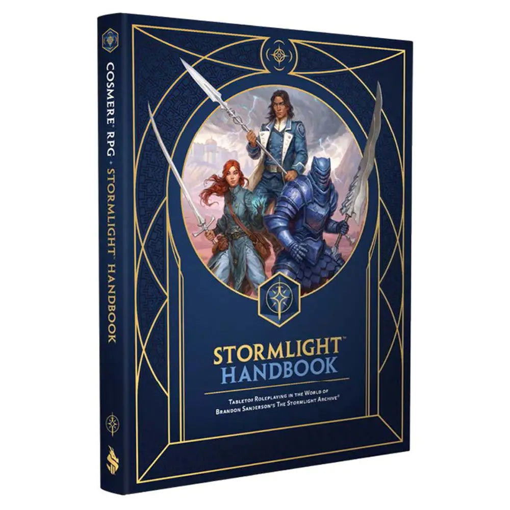 Deep blue hardcover stormlight handbook with gold embossed geometric borders and three armored fantasy characters on cover