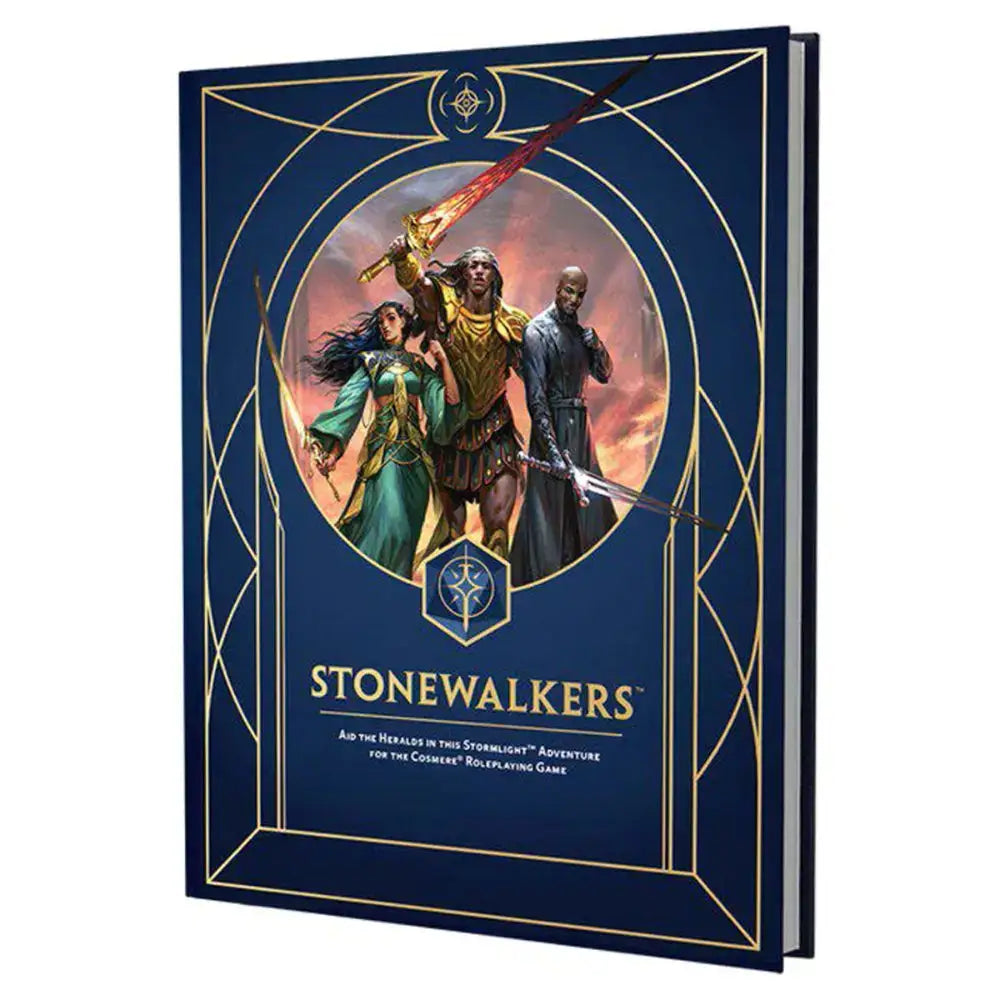 Deep blue hardcover book with gold foil and three fantasy characters on the cover brandon sandersons cosmere rpg roshar pack box set