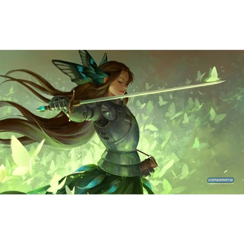 A fantasy illustration of a female warrior in dark green armor with butterfly wings holding a sword for butterfly sword by sandra playmat