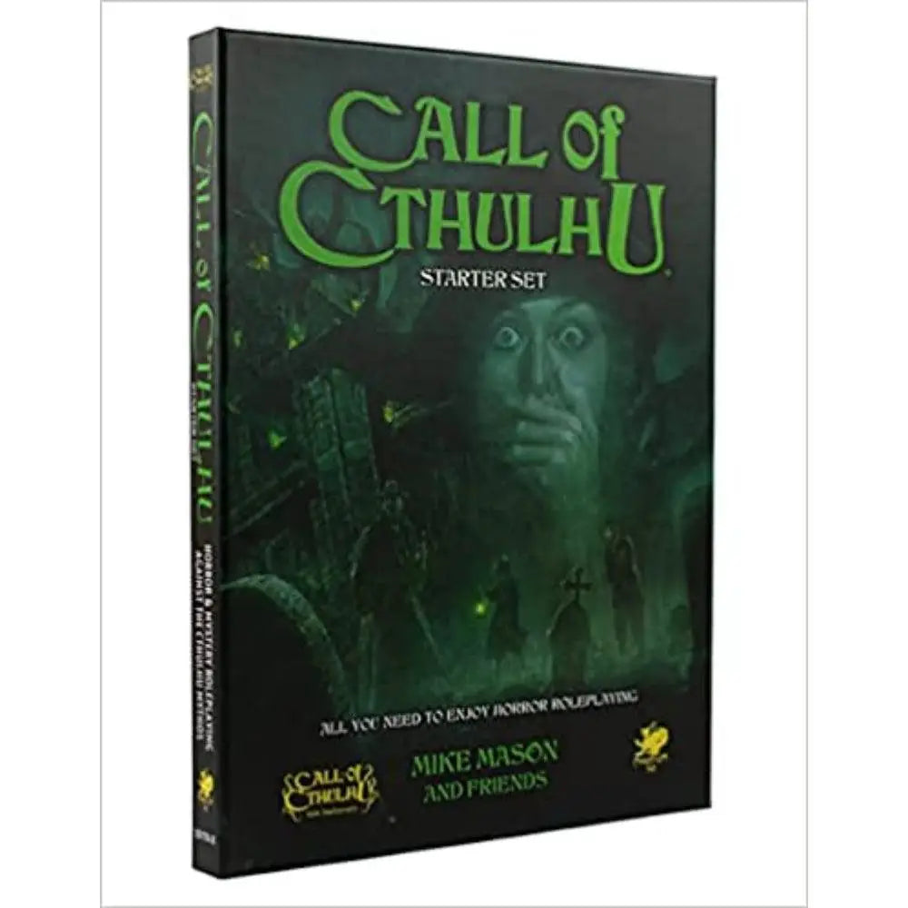Black hardcover call of cthulhu rpg 40th anniversary starter set with green glowing title and horror-themed illustration
