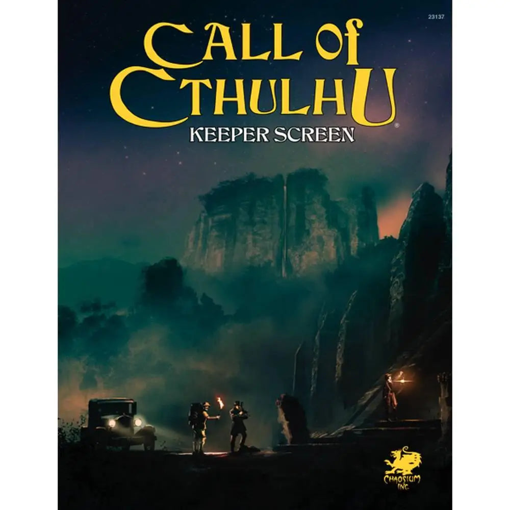 Call of cthulhu rpg 7th edition keeper screen pack featuring dark cliffs and adventurers under a starry night sky