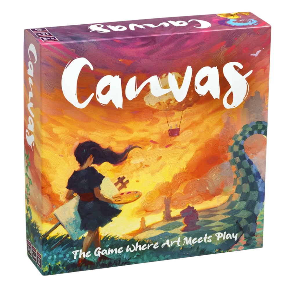 The vibrant illustrated box of the board game Canvas features a colorful sunset with an artist holding a palette and easel