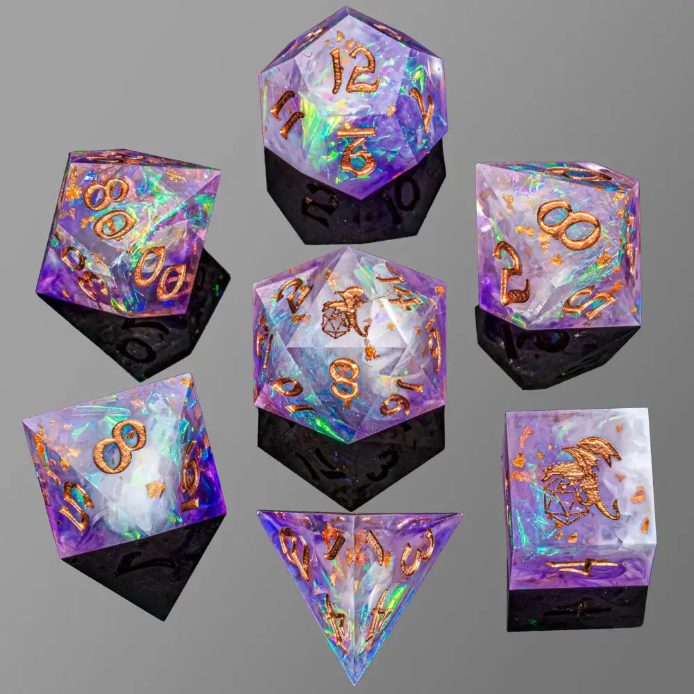 Captured Magic Arcane Amethyst Sharp Edge Resin Polyhedral (D&D) Dice Set (7) - Dice & Dice Supplies