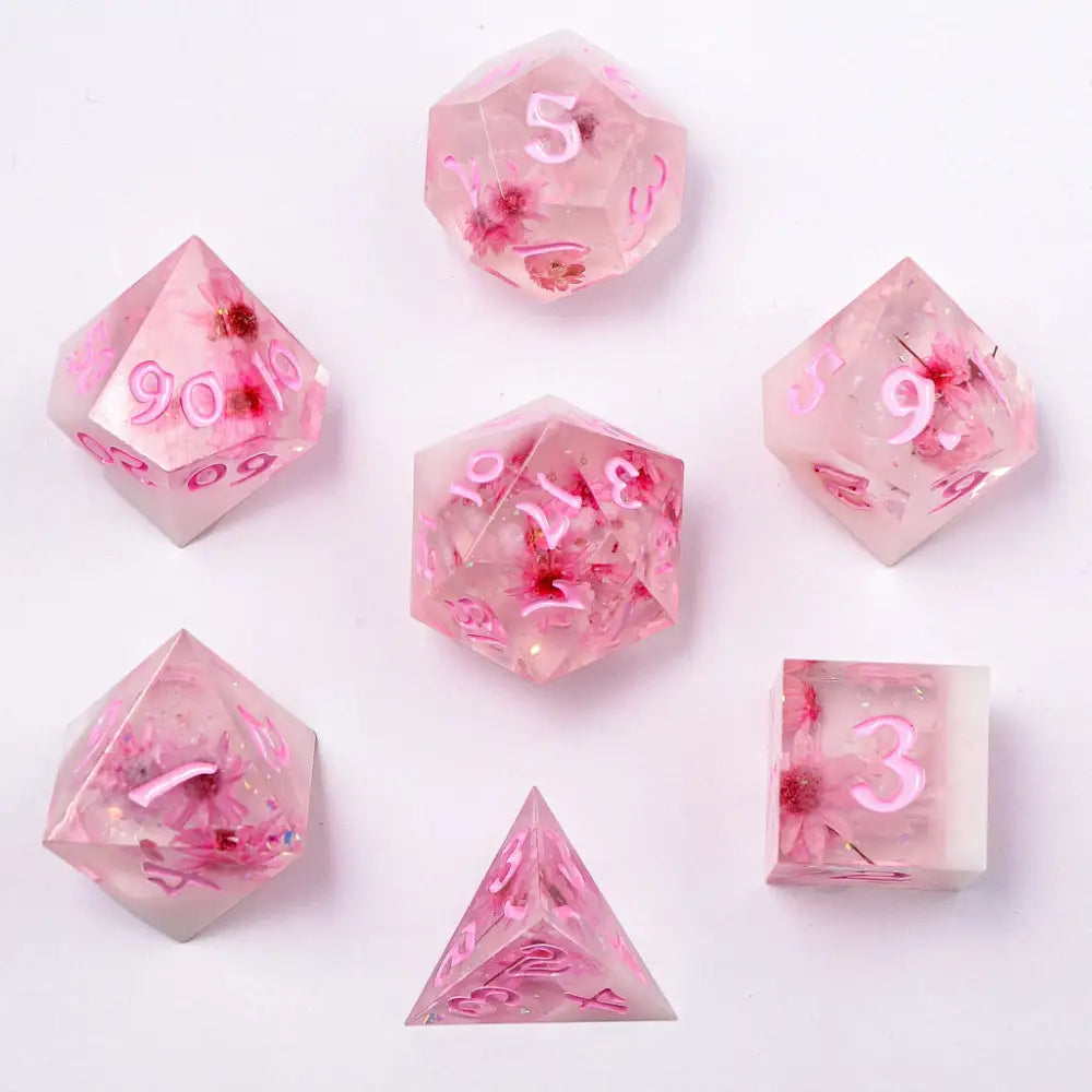 Captured Magic Sakura Blossom Sharp Edge Resin Polyhedral (D&D) Dice Set (7) - Dice & Dice Supplies