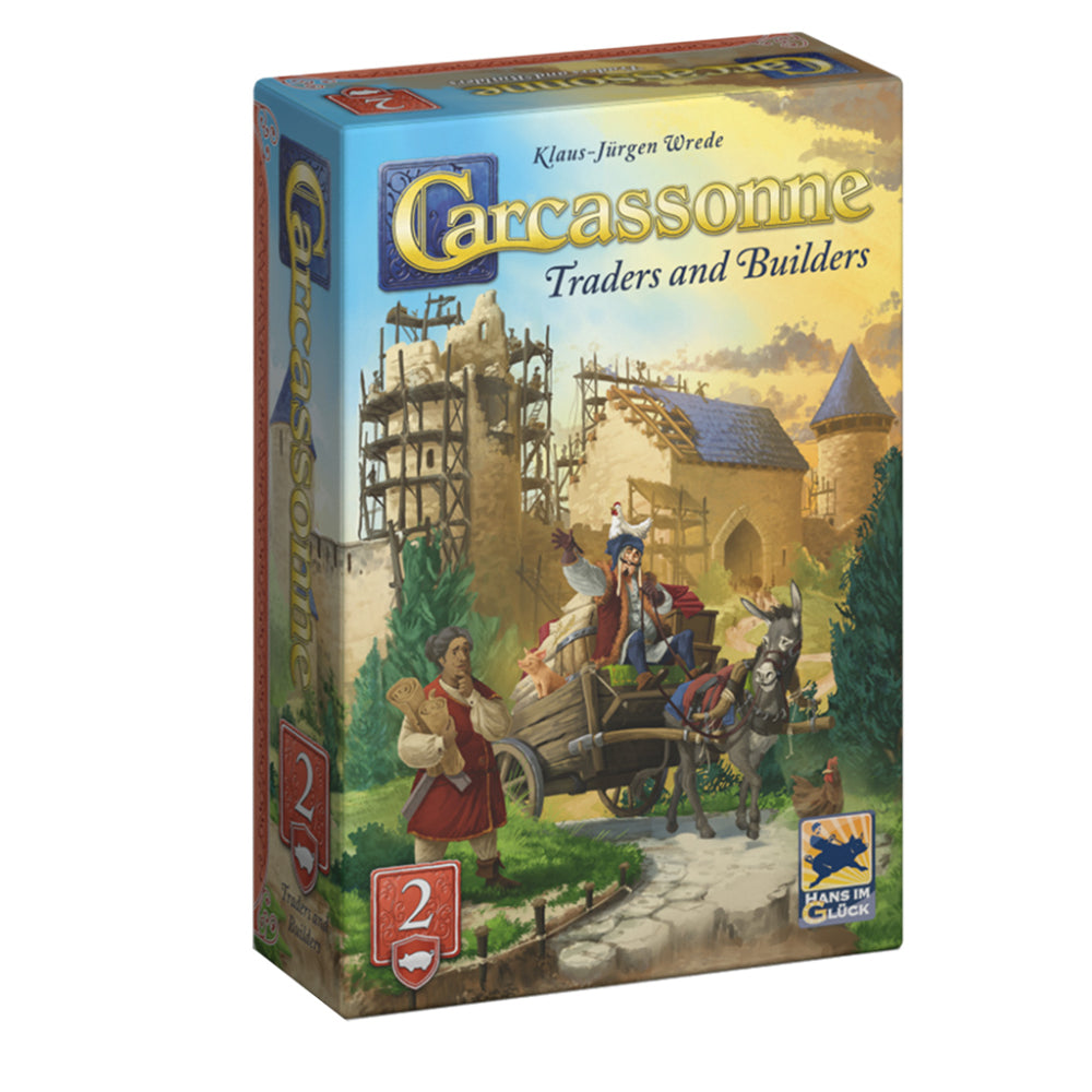 Carcassonne expansion 2 traders and builders board game box with colorful medieval builders traders and carts illustration