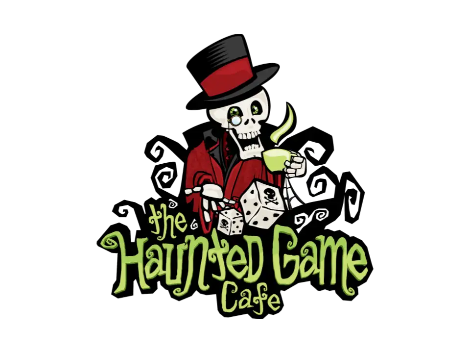 A cartoon skeleton in a red top hat and coat, holding dice and a green cup.