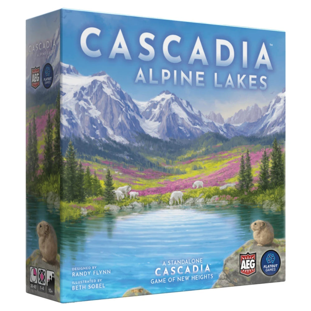 The board game box cascadia alpine lakes features a vibrant illustrated landscape with snow-capped mountains and alpine lakes