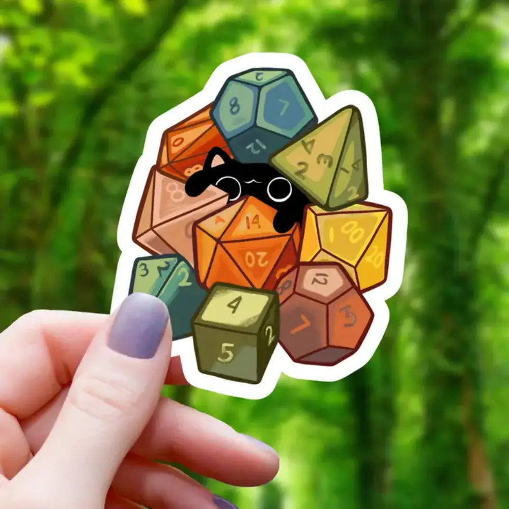 Cat Hiding in Polyhedral Dice Sticker - Toys & Gifts